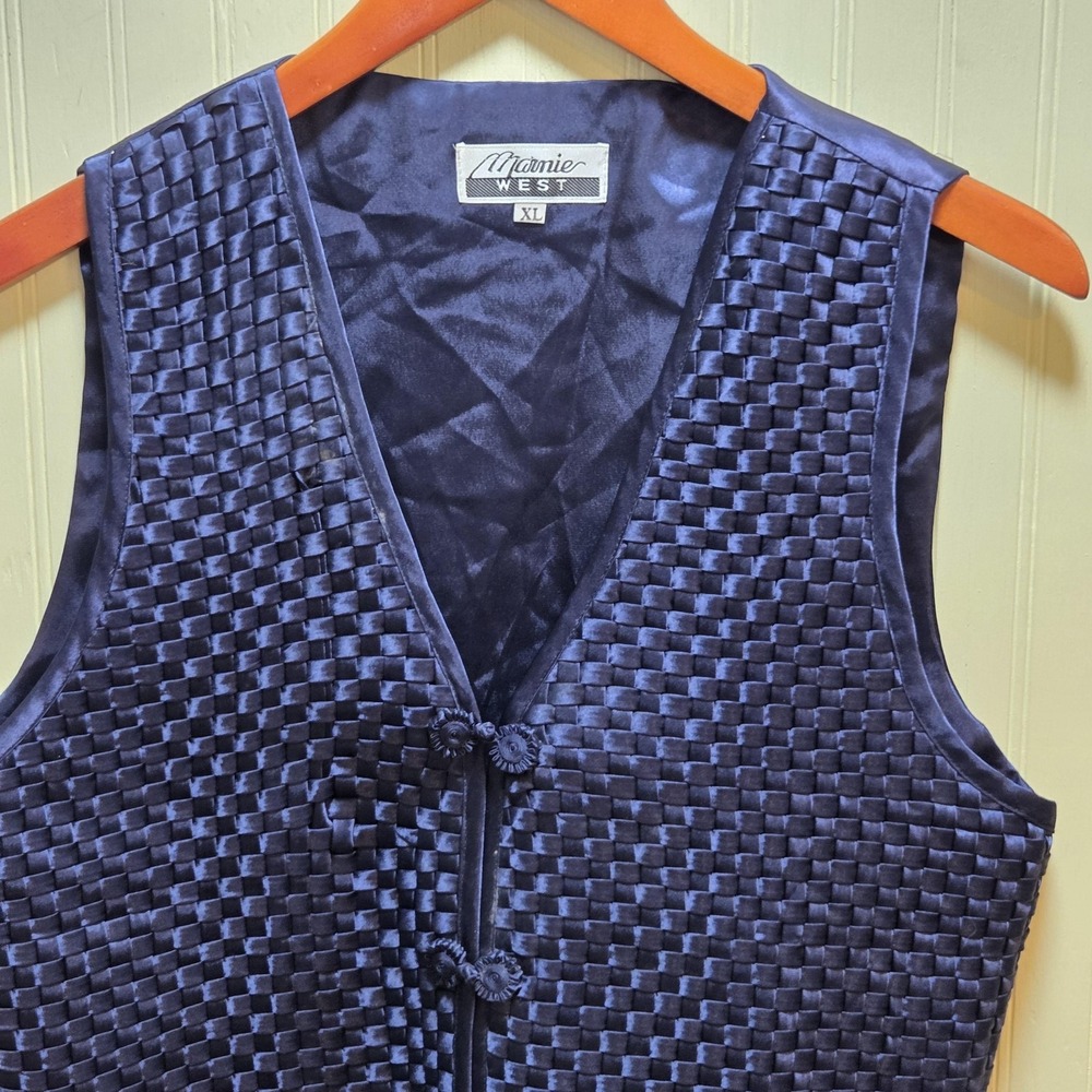 Mamie West Vest Womens XL Blue Satin Woven Front Button Formal Lined Dressy
